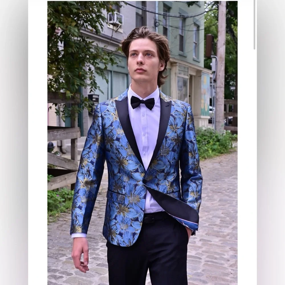 Paisley & Gray Grosvenor Peak Tux Jacket Slim Fit Silver Flower Size Various